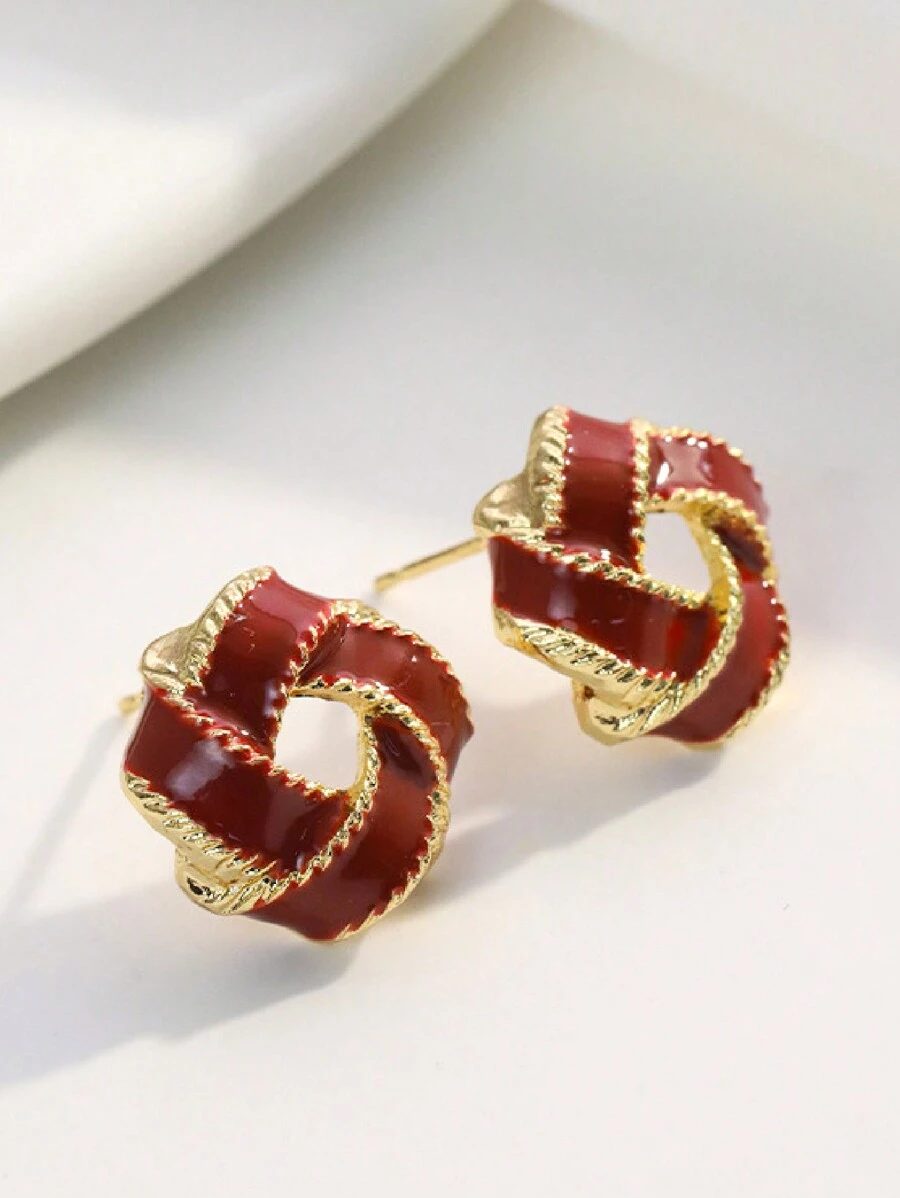1 对时尚简约截角圆形合金耳钉，朱红色，耳饰友好，适合女性四季日常佩戴，圣诞礼物，新年礼物 - 紅色 - 查看 1
