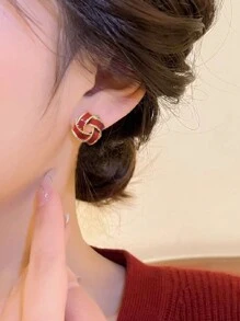 1 对时尚简约截角圆形合金耳钉，朱红色，耳饰友好，适合女性四季日常佩戴，圣诞礼物，新年礼物 - 紅色 - 查看 3