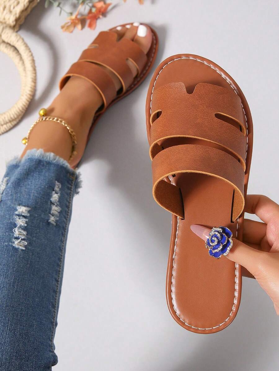 Sandal Selop Kasual Wanita Bertali, Sandal Pantai Nyaman Bertumit Datar dengan Ujung Terbuka untuk Musim Panas, Perlengkapan Liburan Penting - Coklat - View 1