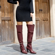 Thigh High Boots For Women, Over The Knee Boots With Chunky Heel, Side Zipper, Wide Calf Design, Stylish And Comfy - Burgundy - View 5