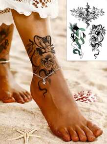 Waterproof Temporary Tattoo Sticker, 1pc Snake & Floral Pattern Paper Tattoo Sticker, Animal Pattern Sticker, Multi-Functional Unisex Body Art Waterproof Sweat-Resistant Fake Tattoo, Suitable For Your Arms, Chest, Abdomen And Back Easy To Apply And Remove - Black - View 1