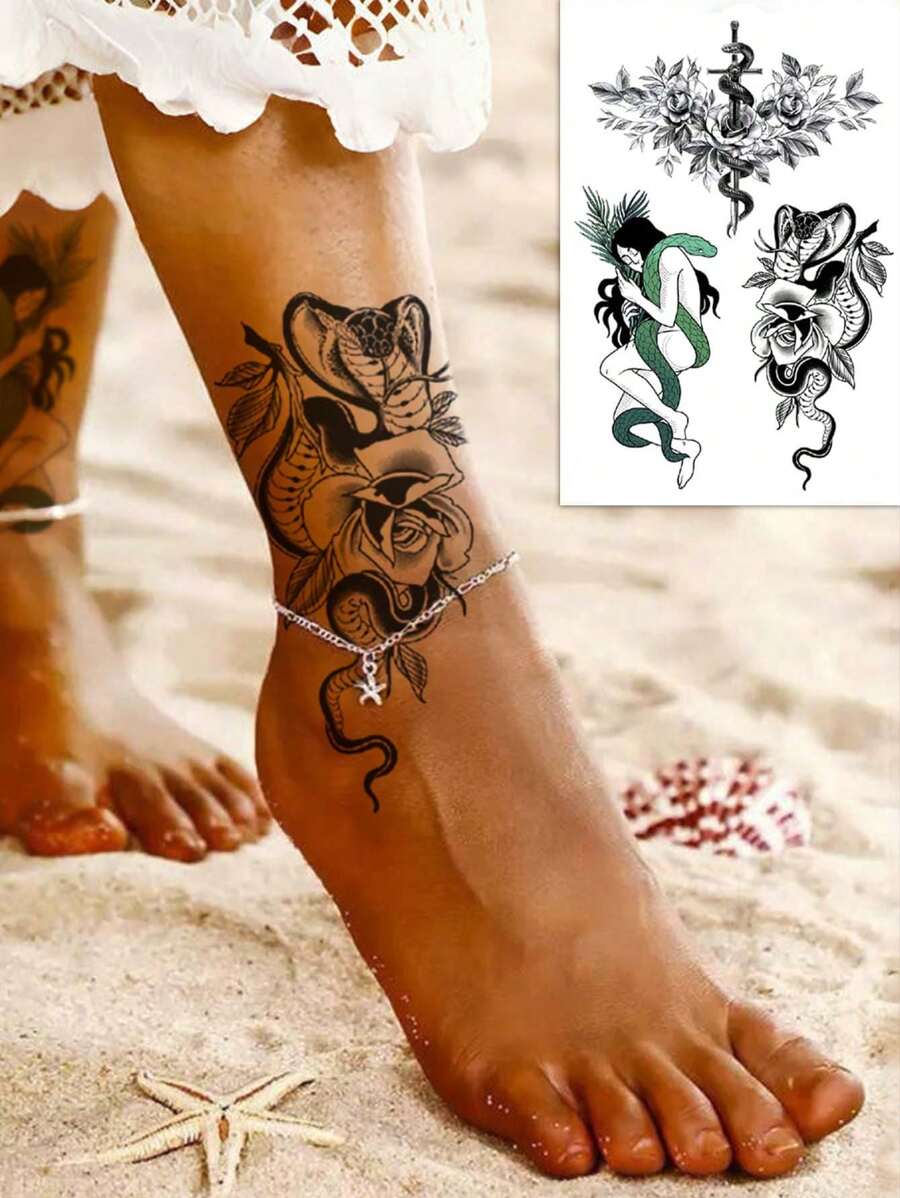 Waterproof Temporary Tattoo Sticker, 1pc Snake & Floral Pattern Paper Tattoo Sticker, Animal Pattern Sticker, Multi-Functional Unisex Body Art Waterproof Sweat-Resistant Fake Tattoo, Suitable For Your Arms, Chest, Abdomen And Back Easy To Apply And Remove - Black - View 1