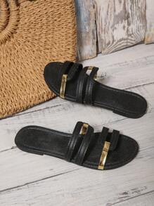 Women's Summer New Slip-On Round Toe Flat Anti-Slip Wear-Resistant Gold Stripe Hollow Open Toe Snake Skin Black Slippers. Match With Dresses, Skinny Pants, Casual Pants, Shorts, Mini Skirts. Slip-On Women's Slippers For Spring, Summer, Autumn, Valentine's Day, Holiday Parties, Fashionable Casual, Elegant, Minimalist, Romantic, Cute, Beach, Travel, Daily Matching, Fashion Flat Sandals