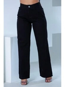 Wide Leg Jeans Preta Lisa Sem Rasgos Denim Moda Fashion Blogueiras