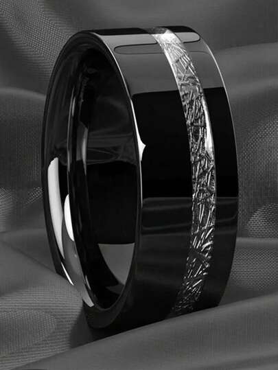 1 Pc Moda 8mm Prata Cor Imitação Meteoritos Incrustados Preto Aço Inoxidável Anéis Para Homens Aliança de Casamento Jóias Acessórios Presente