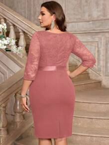 Plus V-Neck Contrast Floral Lace Sequin Waist Ruched Hem Elegant Cocktail Party Bodycon Dress, Valentine's Day Dress, Elegant Semi Formal Wedding Guest Dress, For Birthday, Graduation, Homecoming - Dusty Pink - View 3