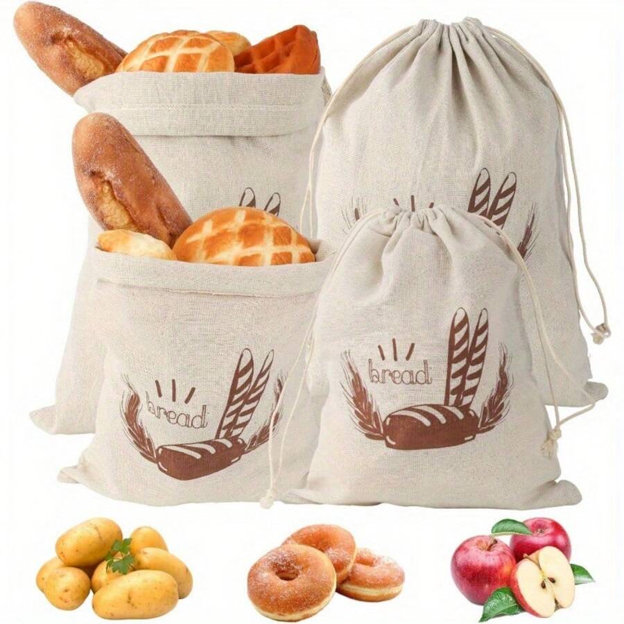4-Piece Set Of Linen Bread Bags With Drawstring, Fresh Bread Bags For Easy Storage, Reusable Linen Bread Bags, French Baguettes, Fruit And Vegetable Storage Bags, Kitchen Storage Accessories - 4件 - 查看 1