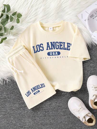 Young Boy Letter Print Short Sleeve T-Shirt And Shorts Set