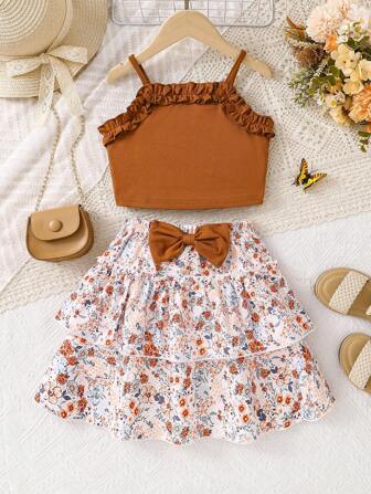 2 pièces/Set Tenue d'été à la mode pour filles - Débardeur en tricot de couleur unie + Jupe élastique à la taille avec imprimé floral papillon Ditsy. Robe d'extérieur décontractée confortable et respirante pour petites filles