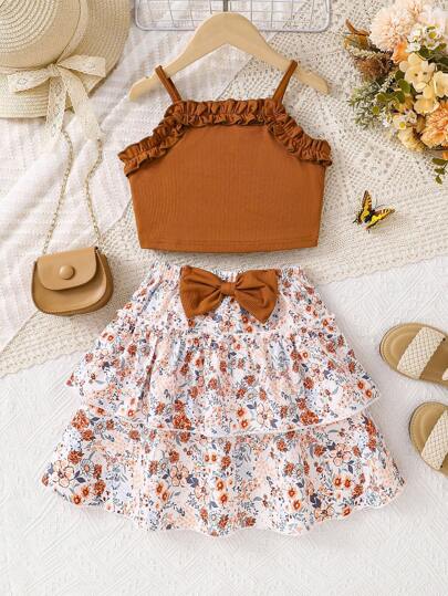 2pcs/Set Girls Fashion Summer Outfit - Solid Color Knit Camisole Tank Top + Butterfly Ditsy Floral Elastic Waist Skirt, Comfortable & Breathable Casual Outdoor Dress For Little Girls