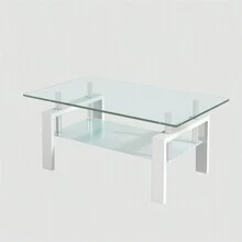 Modern Glass Coffee Table For Living Room, Small Glass Coffee End Tables For Living Room 2 Layer Sofa Table With Metal Legs - White Leg - 查看 5