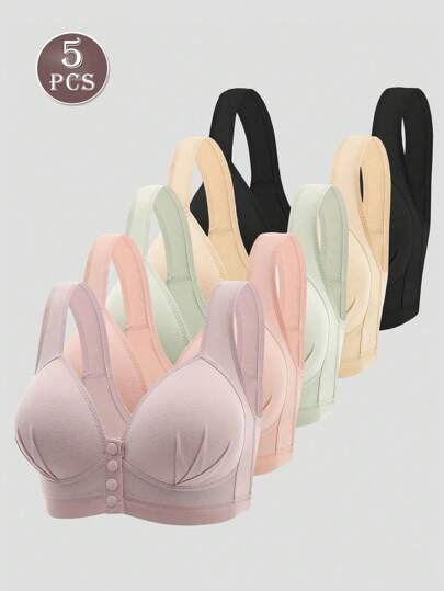 5pcs Front Closure Thin Cup Comfortable Wire-Free Bra, Lingerie