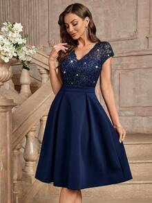 MIUSOL Đầm cocktail tay ngắn cổ chữ V đính sequin và ren hoa, thích hợp làm đầm dự tiệc cưới, đầm dạ hội mùa xuân thanh lịch. - Màu xanh hải quân - Xem 7