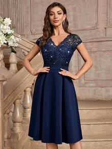 MIUSOL Đầm cocktail tay ngắn cổ chữ V đính sequin và ren hoa, thích hợp làm đầm dự tiệc cưới, đầm dạ hội mùa xuân thanh lịch. - Màu xanh hải quân - Xem 5