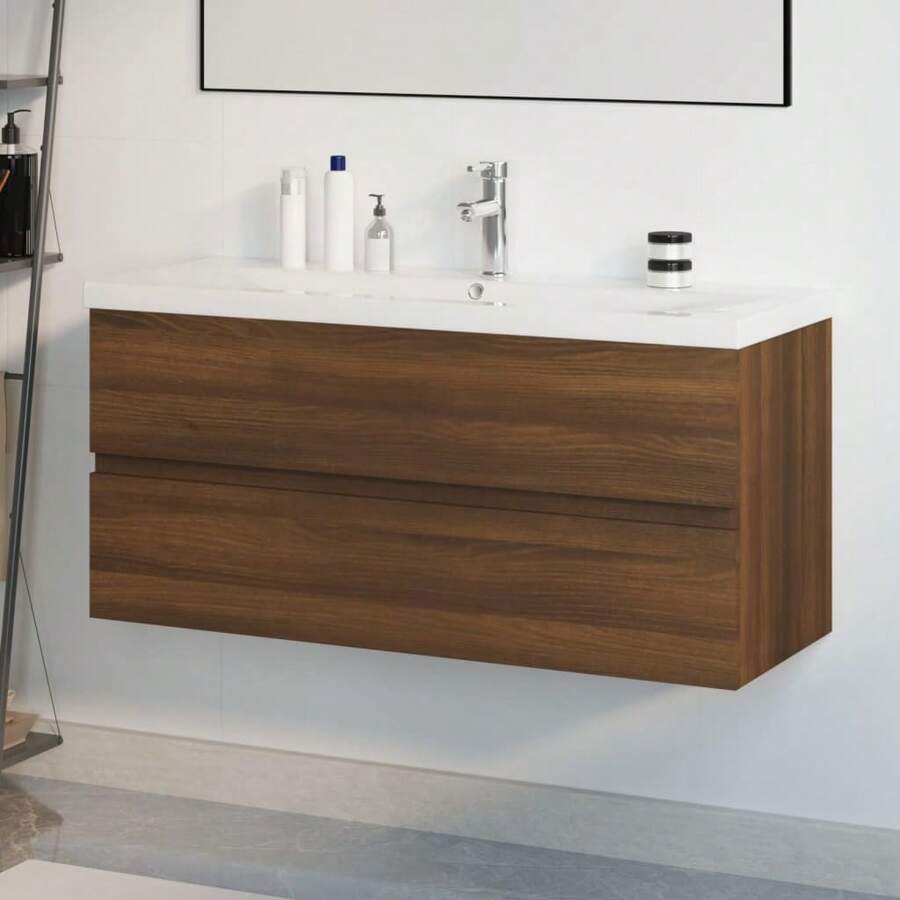 Brown Oak Engineered Wood Sink Cabinet With Integrated Basin For Bathroom Or Kitchen Storage - Brown - View 1
