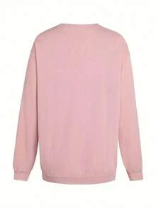 Plus Women's Solid Round Neck Sweatshirt - Pink - View 3