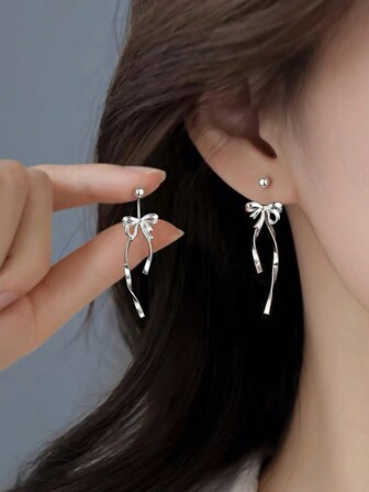 2 pezzi Gioielli in argento sterling 925 per donna, orecchini a lobo con fiocco a nastro da ballo, orecchini pendenti semplici e eleganti con nappe e chiusura a vite