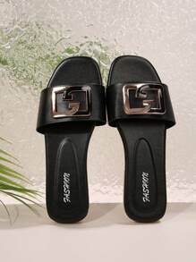 Women's Black Slide Sandals Summer Slippers Indoor & Outdoor Wear Comfortable & Fashionable Simple Design - Black - View 7