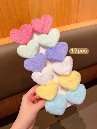 12 个蓬松心形彩色发夹，甜美风格发饰适合日常使用