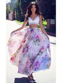 Women' S Chiffon Boho Skirt Sexy Floral Long Skirt High Waist Flared Pleated Beach Skirt - màu tím - Xem 2