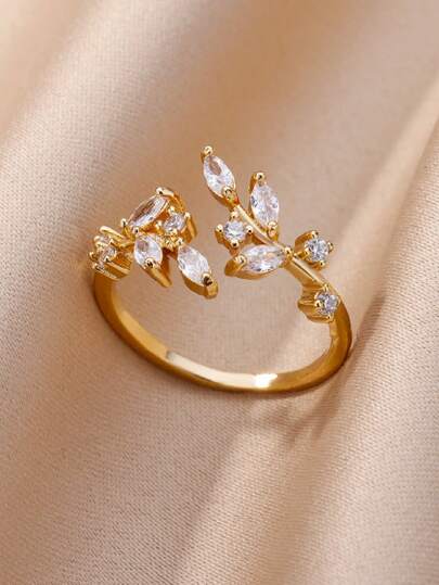 1PC Anel de Folha de Árvore de Zircônia Requintada para Mulheres Aço Inoxidável Ajustável Cor Dourada Folhas Anel Casamento Luxo Moda Jóias Presente