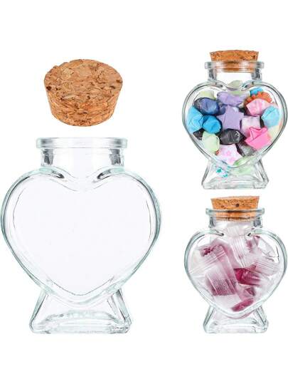 Finego 2 peças de frascos decorativos pequenos, jarra de vidro com tampa, mini garrafa de vidro vazia em formato de coração, jarra de lembrança com rolha de cortiça, vaso transparente em formato de coração para artesanato faça você mesmo, decoração para festa, casamento, arranjos natalinos para casa, decorações temáticas festivas, recomendações de presentes de Natal, material escolar, volta às aulas