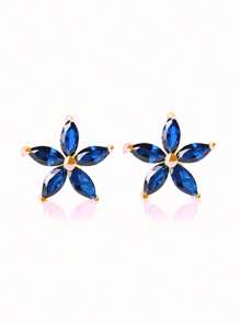 1pair Minimalist S925 Sterling Silver Blue Zirconia Flower Stud Earrings, Daily Wear Jewelry Gift For Women Valentines - Blue Flowers - View 4