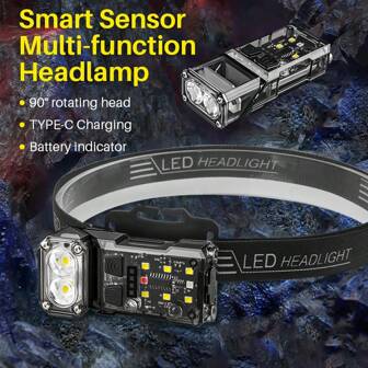 90°Rotatable Keychain Flashlight Sensor Headlight 800LM Type-C Rechargeable Work Light,ABS Material, Power: 5W; Light Color: White, Red, Blue; Working Mode: "Gear Switch: Headlight Strong Light - Headlight Weak Light - Headlight Flashing - Side Light White Light - Side Light Red Blue Light Warning Light; Induction Switch: Press The Induction Switch To Enter Induction Mode. Any Gear Can Be Sensed