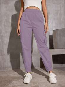 1 pieza Pantalones de carga con cordón en la cintura, bolsillos, pierna recta, estilo casual para niñas y adolescentes, adecuados para ejercicio al aire libre, primavera/otoño