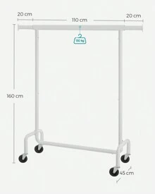 SONGMICS Burro Ropa con Ruedas, Perchero Burro Extensible, Capacidad de Carga de 130 kg, Fácil de Montar, Portátil, Blanco Mate MHSR011W01 - Blanco - Ver 6