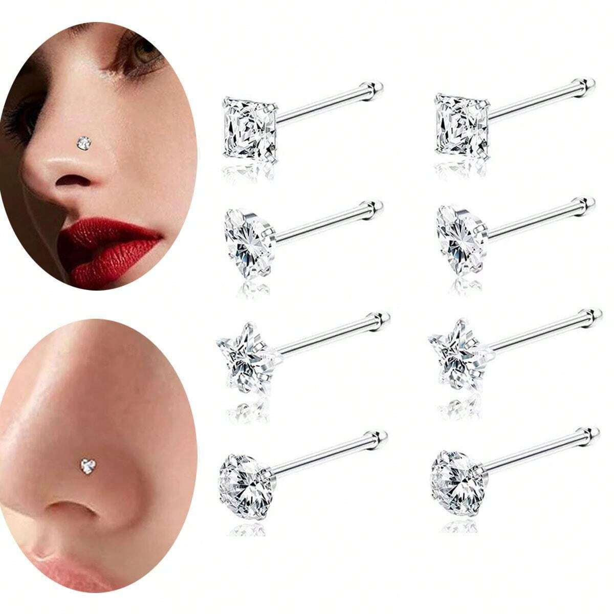 Piercing Nez En L - Lot 6-14 Pièces - Acier Inoxydable Et CZ - 20 Gauge - Pour Nez Et Oreilles