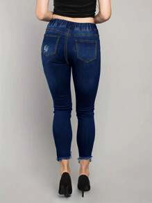 Drawstring Ripped Jeans For Women - Stretch Slim Fit With Pockets, Comfort Work From Home & Weekend Wear - 深色水洗藍 - 查看 4