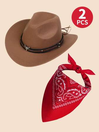 2pcs Boy's Western Cowboy Costume Accessories Set - Includes Cowboy Hat And Bandana Scarf For Farm Halloween Christmas Xmas Party Dress-Up Props, Cool And Handsome Style With Pop-Culture Theme, Set Of 1 Cowboy Hat, 1 Red Bandanna