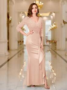 MIUSOL Vestido de satén largo y formal con cuello en V, encaje de contraste y volantes, adecuado para fiestas de noche, invitados de boda, vestido largo - Champán - Ver 5