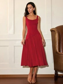 Rochie fără mâneci de culoare solidă pentru femei, rochie elegantă și casual cu model patchwork, rochie de absolvire cu model patchwork în stil vechi, rochie roșie - roșu - Vizualizare 3