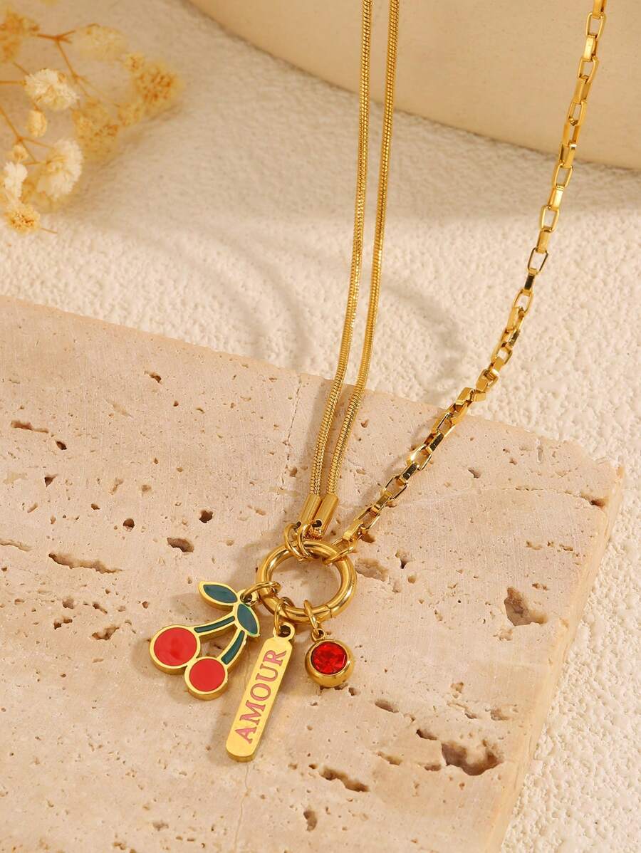 1 件彩色时尚不锈钢多配件樱桃项链，颜色搭配，个性化展示，适合日常佩戴/节日礼物