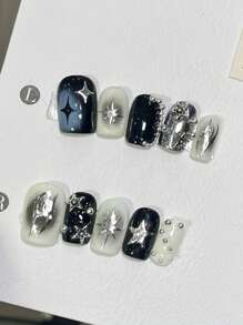10pcs Handmade Y2K Style Short Star Cheek Makeup, Black Tie Dye Metal Star Beads, Cool Punk Nail Press On Nails
