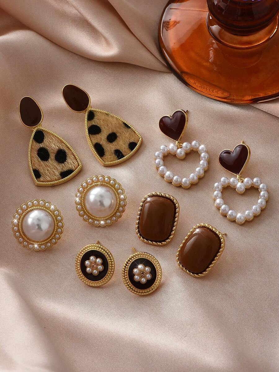 5 件/套简约复古人造珍珠心形花朵精美设计耳钉套装情人节