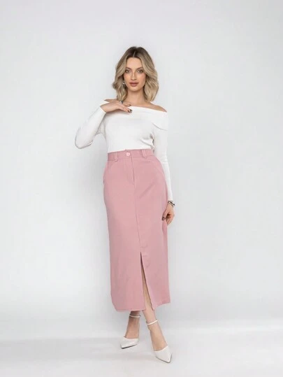 Saia feminina Midi Veridiana em alfaiataria com fenda frontal em 1 botao