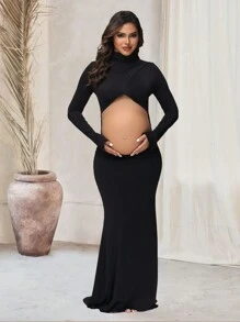 Robe de maternité longue fendue à manches longues et décolleté pour séance photo, col montant croisé, coupe sirène pour baby shower