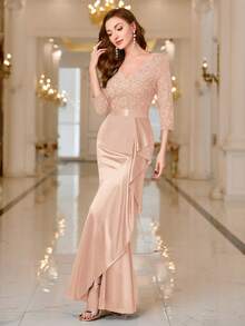 MIUSOL Vestido de satén largo y formal con cuello en V, encaje de contraste y volantes, adecuado para fiestas de noche, invitados de boda, vestido largo - Champán - Ver 6