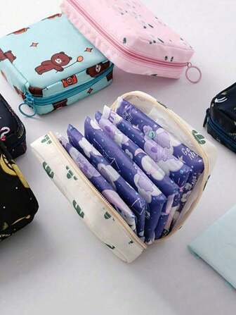 1PC Cute Cartoon Multi-Purpose Waterproof Storage Bag - Big Capacity Sanitary Napkin Storage Bag Cosmetic Storage Bag Student Travel Essentials Pencil Bag Wallet Stationery Storage Bag (The Printing Position Of The Pattern Is Not Fixed,Purple Dots Shipped Randomly)