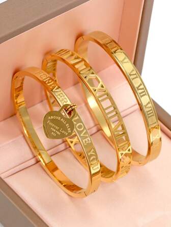 18K 镀金不锈钢可叠戴手镯，经典镂空罗马数字和心形设计，时尚欧美休闲、派对、节日风格腕饰，适合女士、生日、婚礼、挚友、情人节礼物