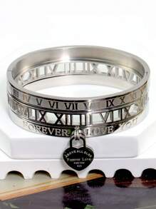 18K Gold Plated Stainless Steel Stackable Bangle Bracelet, Classic Hollow Roman Numeral & Heart Design, Fashionable European & American Casual, Party, Holiday Style Wrist Jewelry For Women, Birthday, Wedding, Best Friend, Valentine's Day Gift - Gold - View 3
