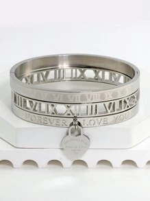18K Gold Plated Stainless Steel Stackable Bangle Bracelet, Classic Hollow Roman Numeral & Heart Design, Fashionable European & American Casual, Party, Holiday Style Wrist Jewelry For Women, Birthday, Wedding, Best Friend, Valentine's Day Gift - Gold - View 5
