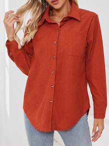 Nouvelle combinaison veste et chemise décontracté en velours côtelé unicolore pour femmes - Marron - Voir 7