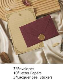 16 件/套，复古信纸和信封套装，送给男朋友和女朋友的手写情书信纸，3 个信封，10 张信纸和 3 个蜡封，适用于情人节浪漫信件、邀请函和卡片