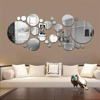 26PCs Small 3D Acrylic Mirror Wall Sticker, Round Mirror, DIY Bedroom, Bathroom And TV Background Room Sticker Wall Decoration