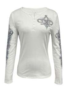 Women's Vintage Henley Tops Long Sleeve V Neck Wings Print Slim Fit T-Shirts Grunge Tops - 白色 - 查看 2