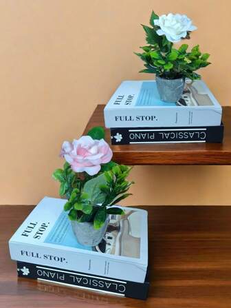 人造玫瑰花，逼真的假玫瑰植物，迷你盆栽玫瑰桌面装饰，适用于咖啡馆、餐厅、酒店大堂、家居室内装饰、餐桌中心装饰